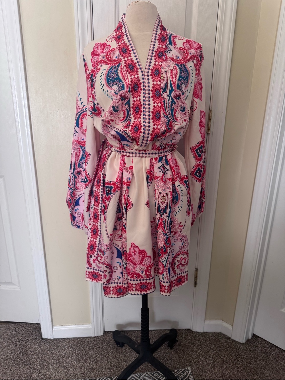 SHEIN Cream Mini Dress with Pink & Blue Paisley Print